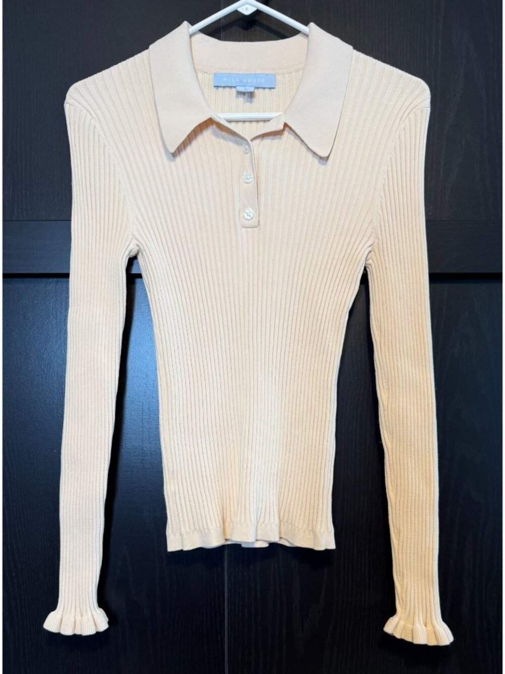 Hill House Ribbed Long Sleeve Jenny Polo Top Medium Cream Ruffle Cuffs Preppy